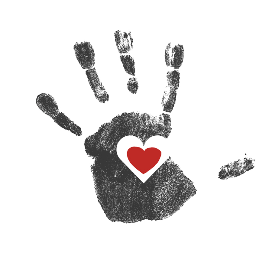 Handprint with red heart symbol. Vector